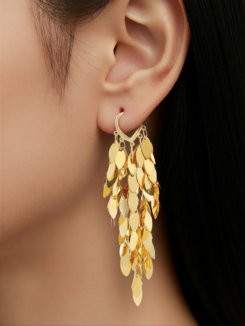 Gold Cascade Leaf Drop Hoop Earrings Shimmering Dangle Statement Jewelry Glam